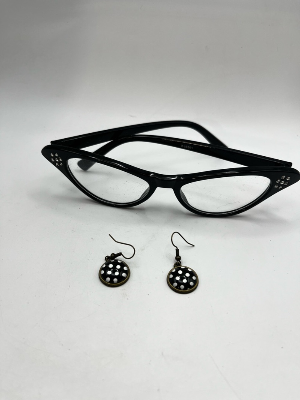Black Cat Eye Glasses with Rhinestone Accent and Earrings 1950s Themed Costume
